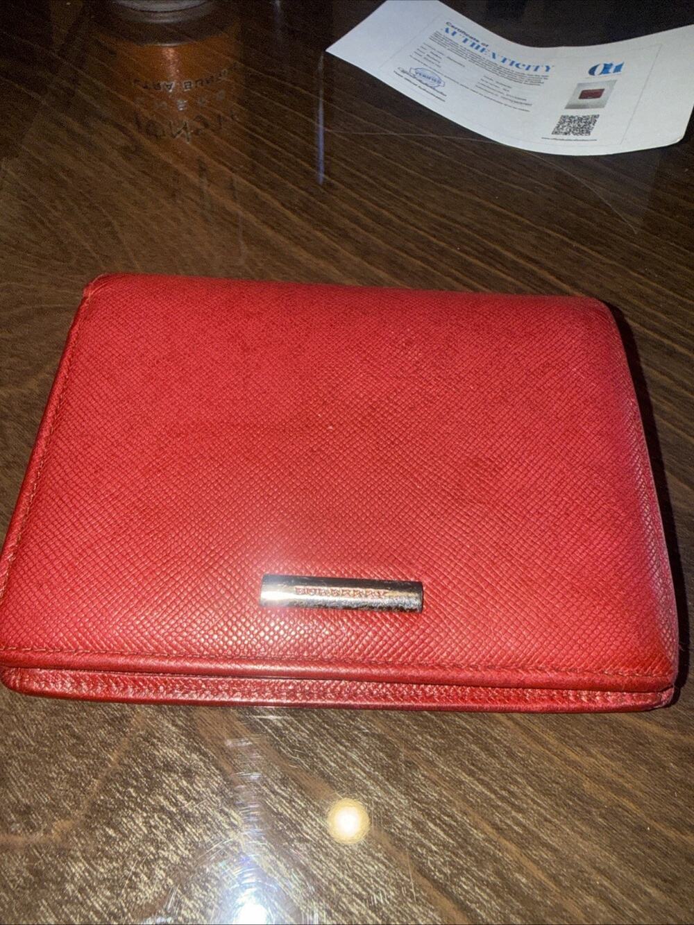 Burberry Red Leather Wallet Card Holder Coin Purse Nova Check